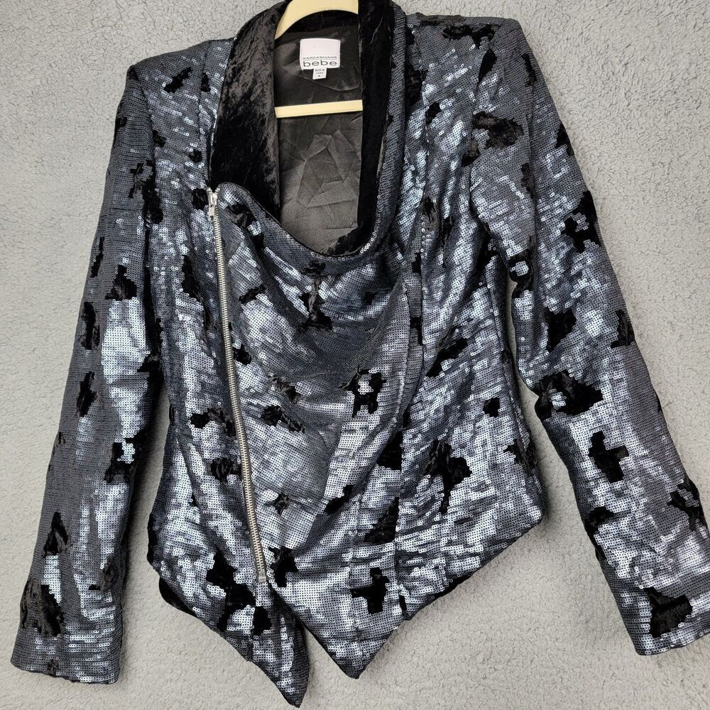 Kardashians Bebe Black Sequin Velour Asym Zip Jacket M Party Evening